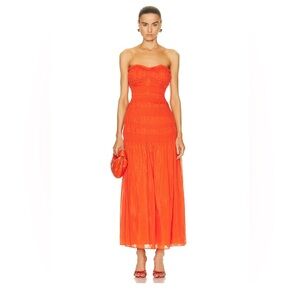 Nicholas Kalli Strapless Smocked Maxi Dress Orange